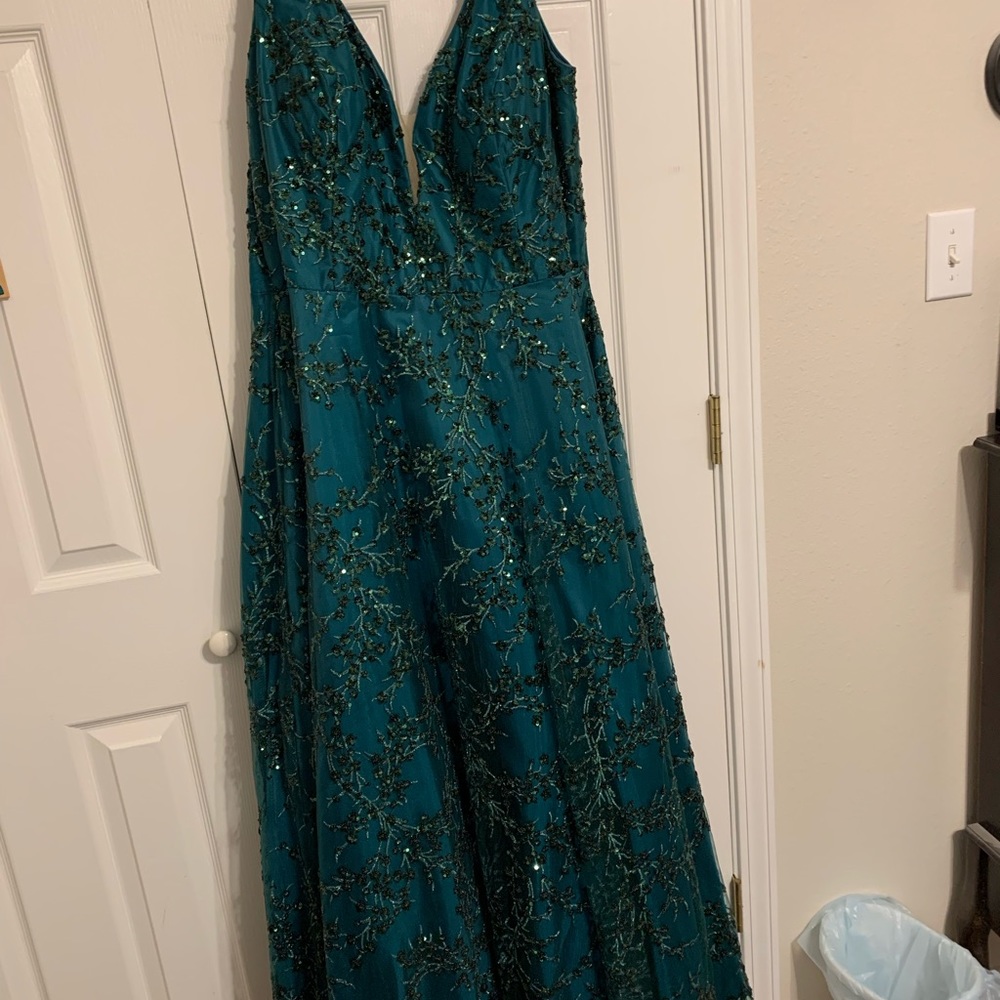Emerald sequined & embroidered formal dress